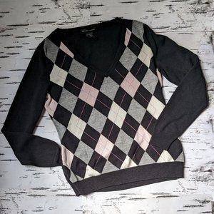 New York & Company  Pink / Black Argyle V neck Sweater Size M